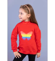 Toontoy Kız Çocuk Pamuklu Balıkçı Yaka Popıt Desenli Sweatshirt (Kırmızı)