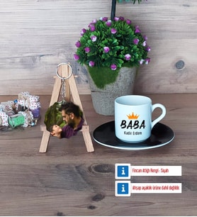 Babalar Günü Hediyesi Türk Kahvesi Fincanı Ahşap Altlıklı ve Fotoğraflı Ahşap Anahtarlık HediyeBabaya Hediye (Model 7)