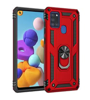 Samsung Galaxy A21S Uyumlu Kılıf Standlı Manyetik Yüzüklü Military Magnetic Ring Polycarbonate and TPU Case (Kırmızı)