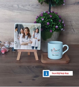 Eczane Teknikeri Fotoğraflı Dekoratif Taş, Ahşap Altlıklı Türk Kahvesi Fincanı Hediye (Model 1)