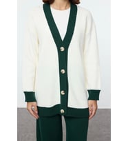 Tarz Kadın Modern Moda Yüksek Bel Geniş Paça V Yaka Şerit Detaylı Hırka-Pantolon Triko Takım (Camel)