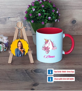 Unicorn Kupa Bardak Beyaz ve Fotoğraflı Ahşap Anahtarlık Hediye (Model 2)