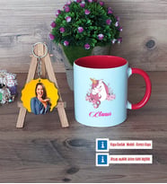 Unicorn Kupa Bardak Beyaz ve Fotoğraflı Ahşap Anahtarlık Hediye (Model 2)