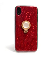 iPhone XR 6.1 Kılıf Parlak Mermer Desenli Yüzüklü Vista Silikon Kılıf (Kırmızı)