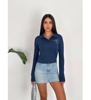 New York Yazılı Yakalı Uzun Kollu Crop Sweatshirt (Lacivert)