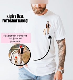 Onifen Kişiye Özel Fotoğraf Nakışlı Unisex Beyaz Baskılı Tişört (Beyaz)