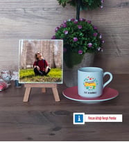 Öğretmenler Günü Hediyesi Fotoğraflı Dekoratif Taş, Ahşap Altlıklı Türk Kahvesi Fincanı Hediye (Model 6)