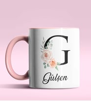 Kişiye Özel G Harfi Temalı Gül Tasarım Siyah Renk Kupa (Pembe)