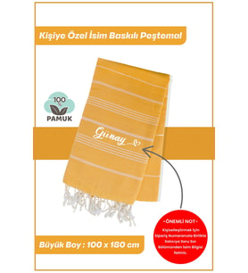 giftcrea Kişiselleştirilebilir İsim Baskılı Peştemal Yerli Pamuk 100x180cm (XL) Peştamal ve Plaj Havlusu (Sarı)