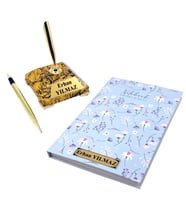 İsimli Gold Mermer Tasarımlı Kaideli İmza Kalemi ve İsimli Defter, Kişiye Özel Hediye Seti (Model 2)