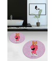 EVDEYA Dijital Yıkanabilir Ayıcık Desen İkili Banyo Halısı Paspas Yuvarlak Klozet Takımı, YKLOZET-34-GRİ, (Pembe)
