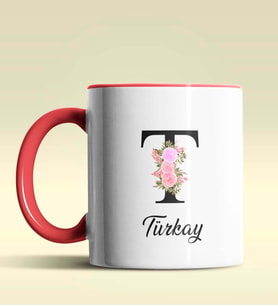 Kişiye Özel T Harfi Temalı Çiçekli Tasarım Siyah Renk Kupa (Kırmızı)