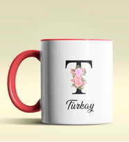 Kişiye Özel T Harfi Temalı Çiçekli Tasarım Siyah Renk Kupa (Kırmızı)