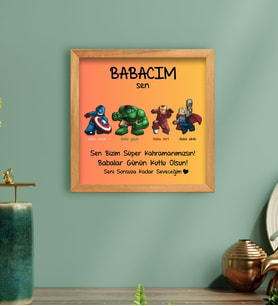 BK Gift Babalar Günü Süper Kahramanımsın Kabartma Figürlü Ahşap Tablo (Turuncu)