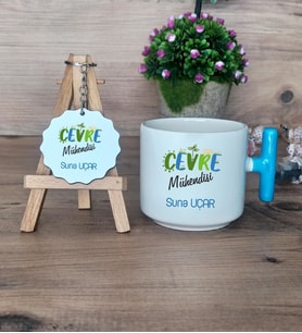 Çevre Mühendisi Hediye Seti Kupa Bardak T Kulplu ve Anahtarlık Mühendisler Günü Hediyesi (Model 3)