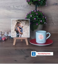 Anneye Doğum Günü Hediyesi Fotoğraflı Dekoratif Taş, Ahşap Altlıklı Türk Kahvesi Fincanı Hediye (Model 3)