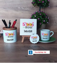 Biyoloji Öğretmeni Hediye Seti Dekoratif Taş, Kalemlik, Ahşap Altlıklı Türk Kahvesi Fincanı, Ahşap Anahtarlık Hediye (Model 9)