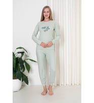 Fwn 4006 İnterlok Kışlık Bulut Desenli Kadın Pijama Takımı (Yeşil)