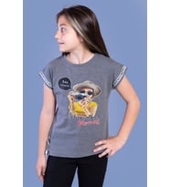 Toontoy Kız Çocuk Şerit Detaylı Baskılı Tişört (Antrasit Melanj)