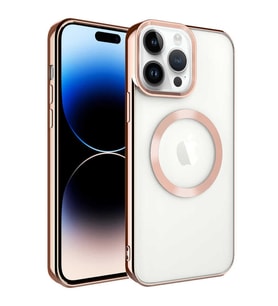 Apple iPhone 14 Pro Max Kılıf Magsafe Köşeleri Renkli Lüx Şeffaf Kamera Korumalı Silikon Kapak (Rose)