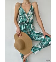 Kadın Dokuma Viskon Kumaş Beli Lastikli Desenli Askılı Tulum (Renk Seçenekli) (Yeşil)