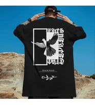 AMOR MAN ÖZEL TASARIM BEYAZ GÜVERCİN SIRT BASKILI OVERSİZE SOKAK MODASI ERKEK T-SHIRT (Siyah)