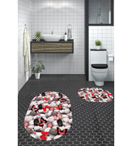 EVDEYA 3D Dijital Yıkanabilir Kelebek Desen İkili Banyo Halısı Paspas Oval Klozet Takımı, OKLOZET-44-KAHVE, (Kırmızı)