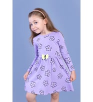 Toontoy Kız Çocuk Çiçek Desenli Fiyonk Detaylı Elbise (Lila)