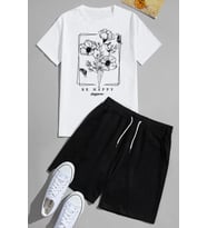 Unisex Be Happy Baskılı Şort Takım (Beyaz)
