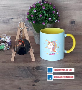 Unicorn Kupa Bardak Beyaz ve Fotoğraflı Ahşap Anahtarlık Hediye (Model 7)