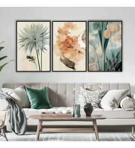 3'lü Metal Çerçeveli Cam Tablo Seti Boho Pastel Çiçekler (Siyah)