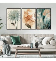 3'lü Metal Çerçeveli Cam Tablo Seti Boho Pastel Çiçekler (Siyah)