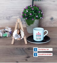 Kadın Doğum Uzmanı Türk Kahvesi Fincanı Ahşap Altlıklı ve Fotoğraflı Ahşap Anahtarlık Hediye (Model 7)