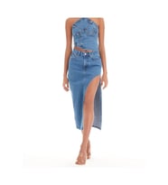 2094 Kadın Likrasız Yandan Yırtmaçlı Jeans Kot Denim Etek (Mavi)