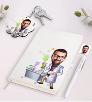 BK Gift Kişiye Özel Erkek Fen Bilimleri Öğretmeni Karikatürlü Siyah Defter Kalem Ve Anahtarlık Hediye Seti-2 (Model 2)