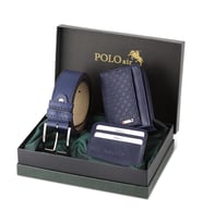 Polo Air Kemer Cüzdan Kartlık Set Kombin Dama Desenli Hediyelik M-13 (Lacivert)