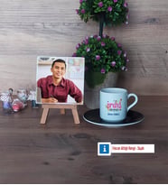 Almanca Öğretmeni Fotoğraflı Dekoratif Taş, Ahşap Altlıklı Türk Kahvesi Fincanı Hediye (Model 7)