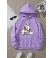 Meow Tatlı Kediler Baskılı Oversize Sweatshirt (Lila)