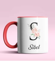 Kişiye Özel S Harfi Temalı Gül Tasarım Siyah Renk Kupa (Kırmızı)