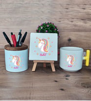 Unicorn Hediye Sepeti Kupa Bardak T Kulplu, Kalemlik ve Dekoratif Taş Kadın Arkadaşa Doğum Günü Hediyesi (Model 5)