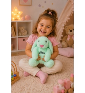 Kişiye Özel İsim Baskılı Uyku Arkadaşım Tavşan 45 cm Peluş Tavşan (SU YEŞİLİ)
