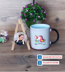 Unicorn Kupa Bardak Beyaz ve Fotoğraflı Ahşap Anahtarlık Hediye (Model 9)