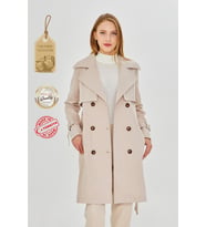 Pastelastore Esnek Pamuk Gabardin Midi (95cm) Astarsız Kadın Trençkot 1118 (Taş)