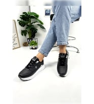 Kadın Sneaker Bağcıklı Oval Burun Kalın Desenli Fuspet Taban Spor Ayakkabı 2110 (Siyah - Beyaz)