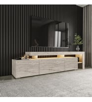 Beliz Modern LED Işıklı 3 Kapaklı, Raflı TV Sehpası – 192 cm, Traverten (Bej)