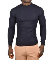 DeepSEA Erkek  Yarım Balıkçı Yaka Çizgili Tüylenmeyen Slim Fit Triko Kazak 2505491 (Lacivert)