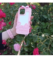 iPhone Uyumlu Aynalı Ponponlu Barbie Silikon Kılıf (Açık Pembe)