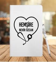 Kişiye Özel Hemşire Tasarımlı Deri Defter Ve Metal Roller Kalem (Beyaz)