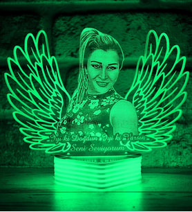 Sevgili için Hediye, Kişiye Özel Sevgiliye Hediye, Melek Kanatlı Resimli 3D Lamba (Yeşil)