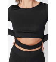 Moda Bisiklet Yaka Örme Fit Düz Desen Sportswear Crop Uzun Kol Bluz (Siyah)